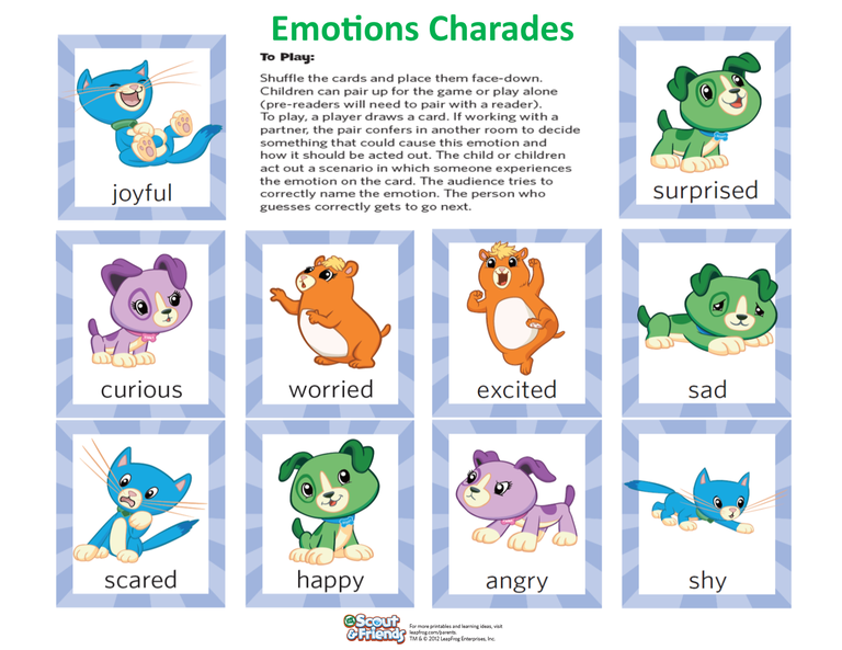 Emotions Charades. To Play: Shuffle the cards and place them face-down. Children can pair up for the game or play alone (pre-readers will need to pair with a reader). To play, a player draws a card. If working with a partner, the pair confers in another room to decide something that could cause this emotion and how it should be acted out. The child or children act out a scenario in which someone experiences the emotion on the card. The audience tries to correctly name the emotion. The person who guesses correctly gets to go next. End of Instructions. The cards include the emotions joyful, curious, scared, worried, happy, excited, angry, surprised, sad, and shy.