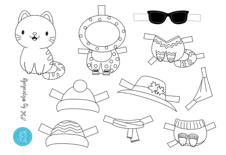 A paper doll of a cat. The clothing options include 1 snow suit, 2 sweaters, 1 pair of sunglasses, 3 hats, and 2 scarves. It has a "Cozy Pouch" logo and is signed @lepeshaks.