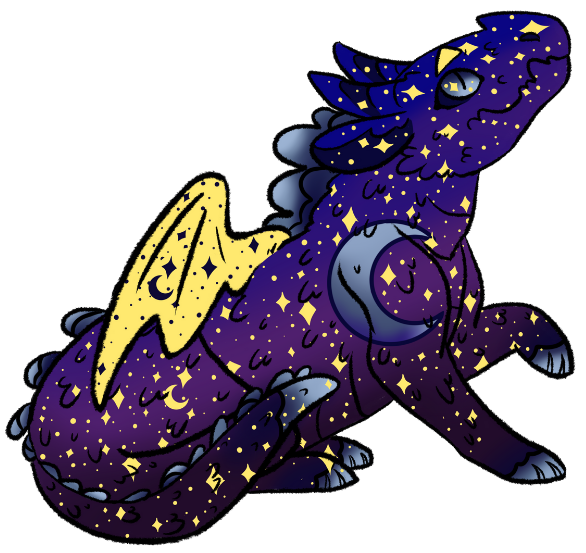 Art of a young blue dragon with yellow wings looking up. It's hide is covered with stars and a crescent moon.