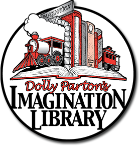 Dolly Parton's Imagination Library Logo of a train made out of books.