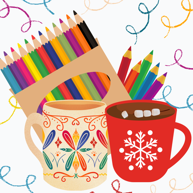 Clip art of mugs of hot cocoa and colored pencils.