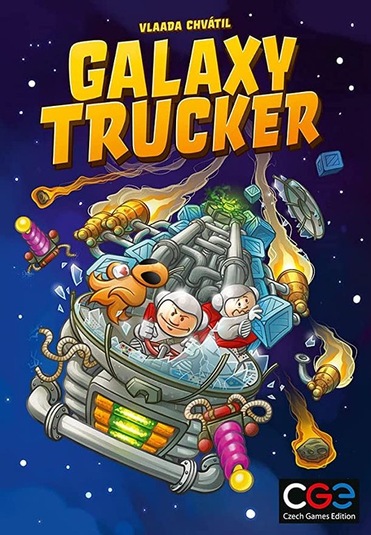 The box art of Galaxy Trucker. It features cartoon astronauts and an alien on a spaceship that is falling apart as it flies through outer space.