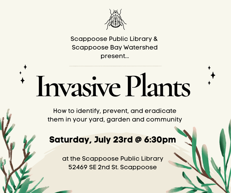 Scappoose Public Library & Scappoose Bay Watershed present... Invasive Plants: how to identify, prevent, and eradicate them in your yard, garden, and community. Saturday, July 23rd @ 6:30 PM at the Scappoose Public Library. 52469 SE 2nd St. Scappoose.