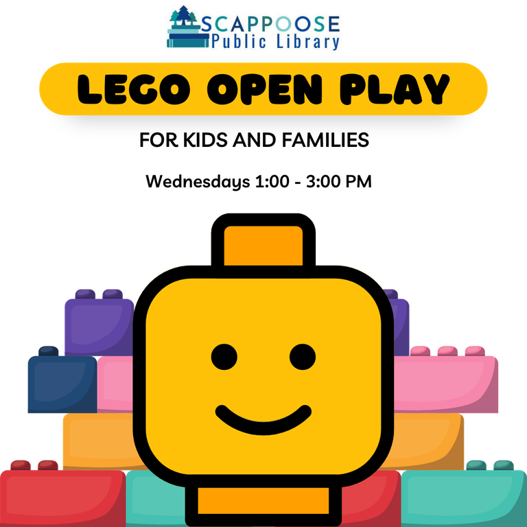 Scappoose Public Library Lego Open Play. For kids and families. Wednesdays 1:00–3:00 PM