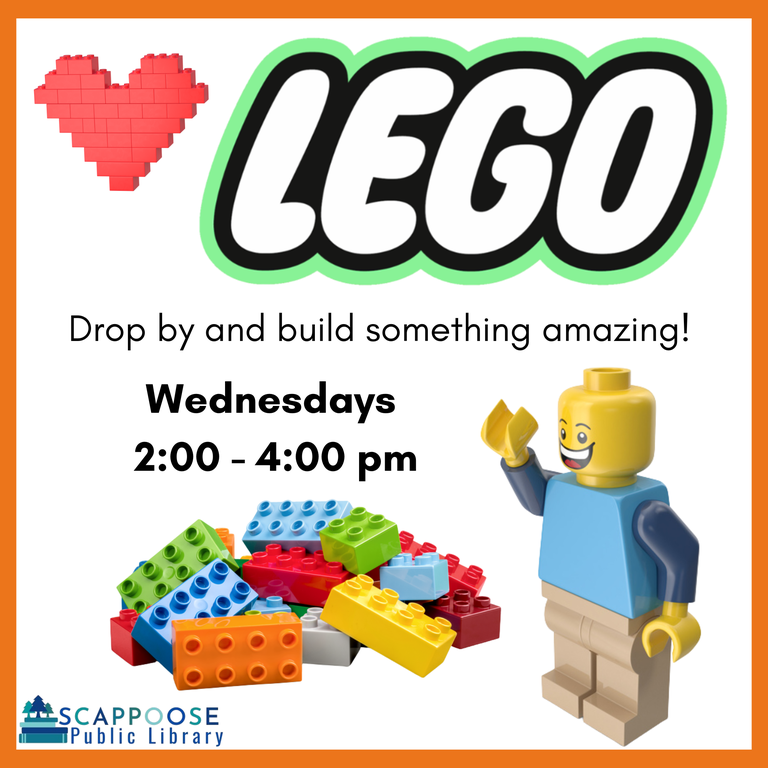 Lego. Drop by and build something amazing! Wednesdays, 2:00–4:00 PM, Scappoose Public Library.
