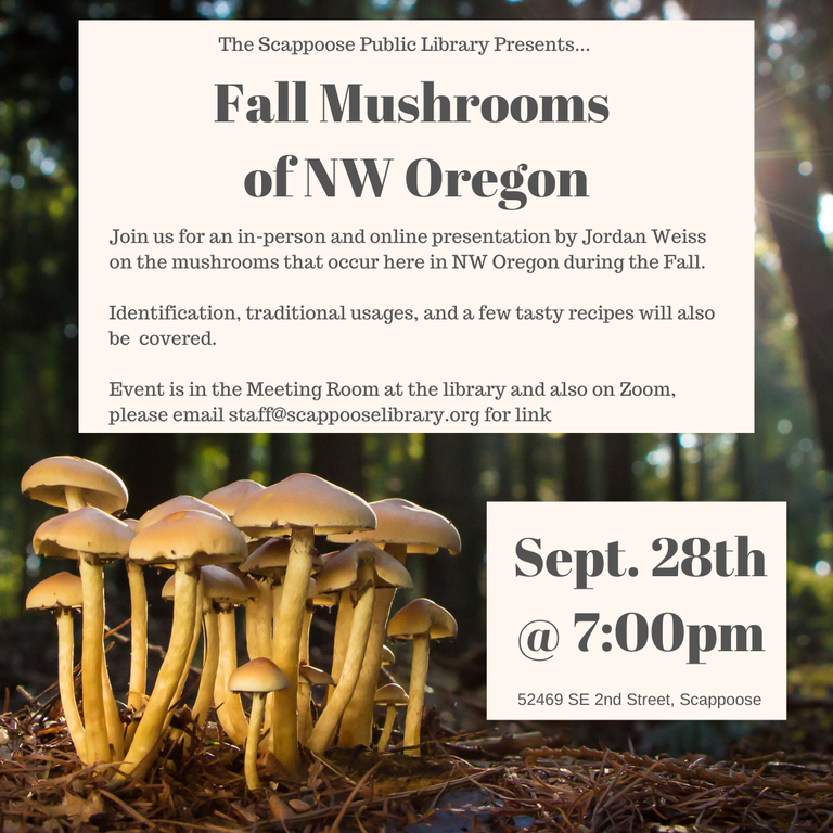 The Scappoose Public Library Presents... Fall Mushrooms of NW Oregon. Join us for an in-person and online presentation by Jordan Weiss on the mushrooms that occur here in NW Oregon during the Fall. Identification, traditional usages, and a few tasty recipes will also be covered. Event is in the Meeting Room at the library and also on Zoom. Please email staff@scappooselibrary.org for link. Sept. 28th @ 7:00pm. 52469 SE 2nd Street, Scappoose.