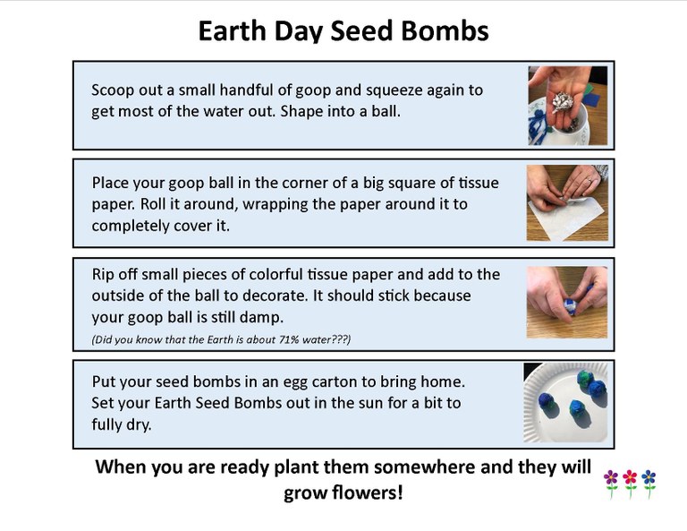 Earth Day Seed Bombs. Scoop out a small handful of goop and squeeze again to get most of the water out. Shape into a ball. Place your goop ball in the corner of a big square of tissue paper. Roll it around, wrapping the paper around it to completely cover it. Rip off small pieces of colorful tissue paper and add to the outside of the ball to decorate. It should stick because your goop ball is still damp. (Did you know that the Earth is about 71% water?) Put your seed bombs in an egg carton to bring home. Set your Earth Seed Bombs out in the sun for a bit to fully dry. When you are ready, plant them somewhere and they will grow flowers!