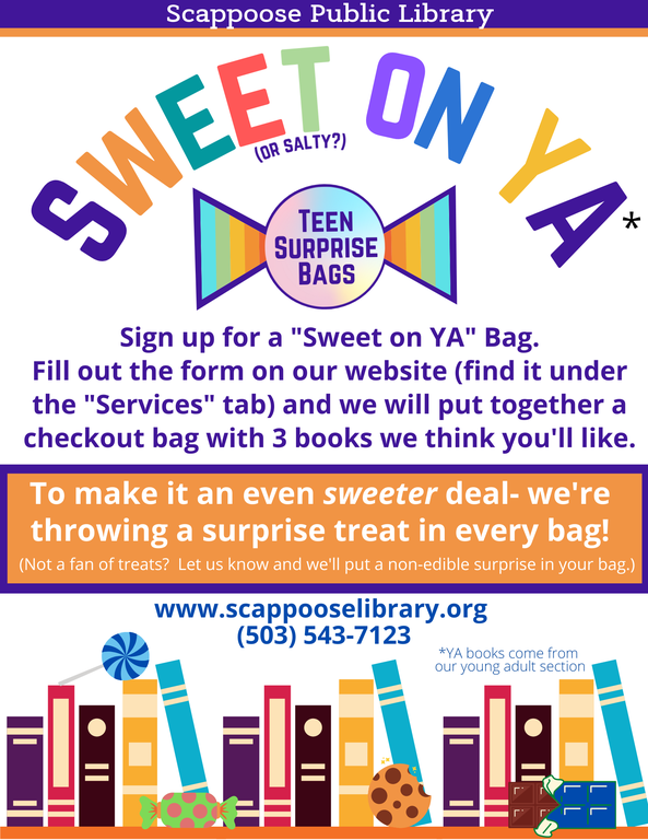 Sweet (or Salty?) on YA* Teen Surprise Bags. Sign Up for a "Sweet on YA" Bag. Fill out the form on our website (find it under the "Services" tab) and we will put together a checkout bag with 3 books we think you'll like. To make it an even sweeter deal-- we're throwing in a surprise treat in every bag! (Not a fan of treats? Let us know and we'll put a non-edible surprise in your bag.) *YA books come from our young adult section.