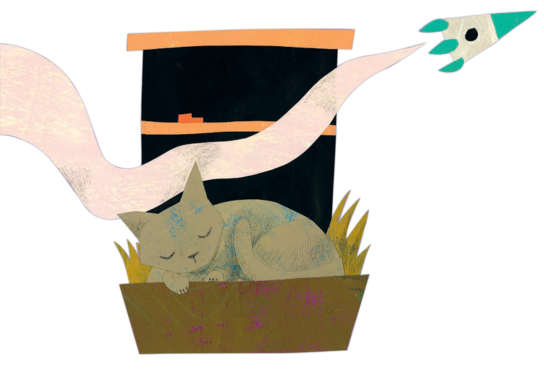 Art of a cat sleeping in a grass-filled window-planter, as a toy rocket flies over it.